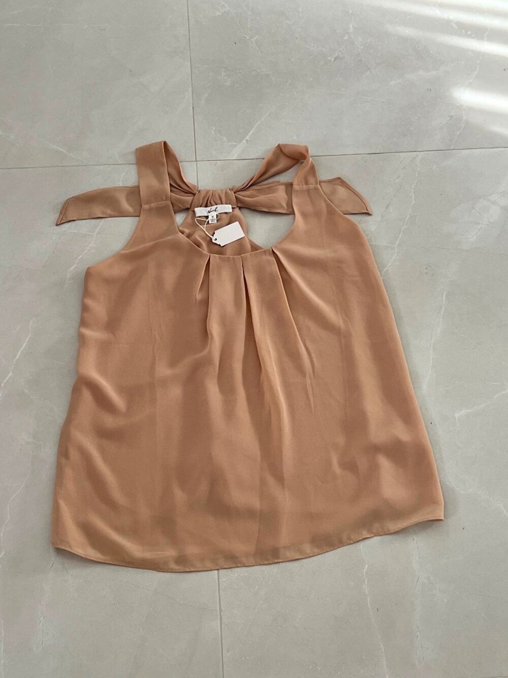 Norah Beige Camel Back-Bow Sleeveless Pleated Blouse (Size S)